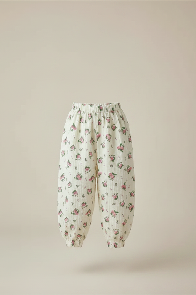 Pantalon Fluide Écru Imprimé Roses Mousseline Enfant - Coton - vue 3