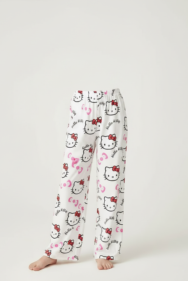 Pantalon Fluide Blanc Hello Kitty Imprimé Confortable - Polyester - vue 3