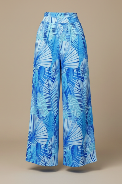 Pantalon Fluide Bleu Imprimé Palmiers Ample Élégant - Viscose - vue 3