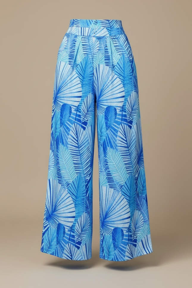 Pantalon Fluide Bleu Imprimé Palmiers Ample Élégant - Viscose - vue 3
