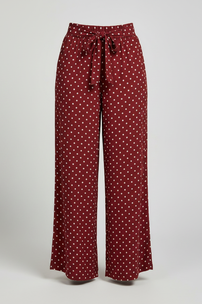 Pantalon Fluide Rouge À Pois Ample Décontracté Femme - Bordeaux Viscose - vue 3
