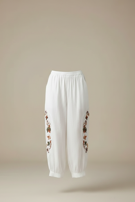 Pantalon Fluide Blanc Brodé Ample Taille Élastique Confortable - Lin - vue 3