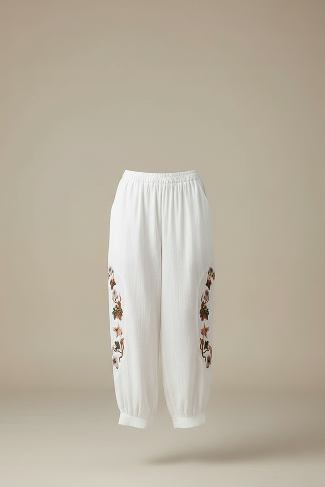 Pantalon Fluide Blanc Brodé Ample Taille Élastique Confortable - Lin - vue 3