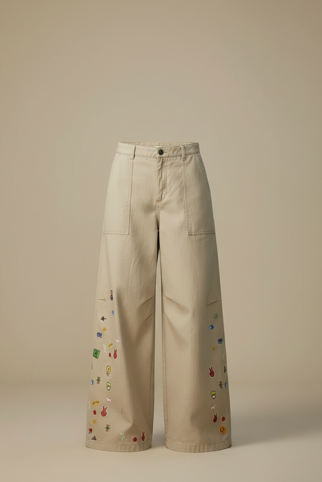 Pantalon Fluide Beige Large Brodé Décontracté Y2K - Toile - vue 3