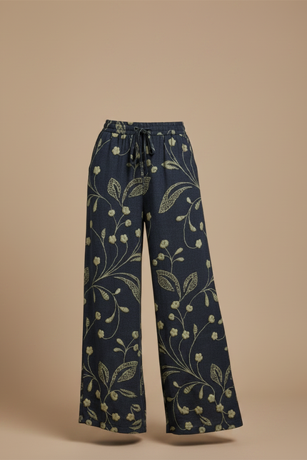 Pantalon Fluide Imprimé Floral Ample Cordon Décontracté Femme - Marine Viscose - vue 3