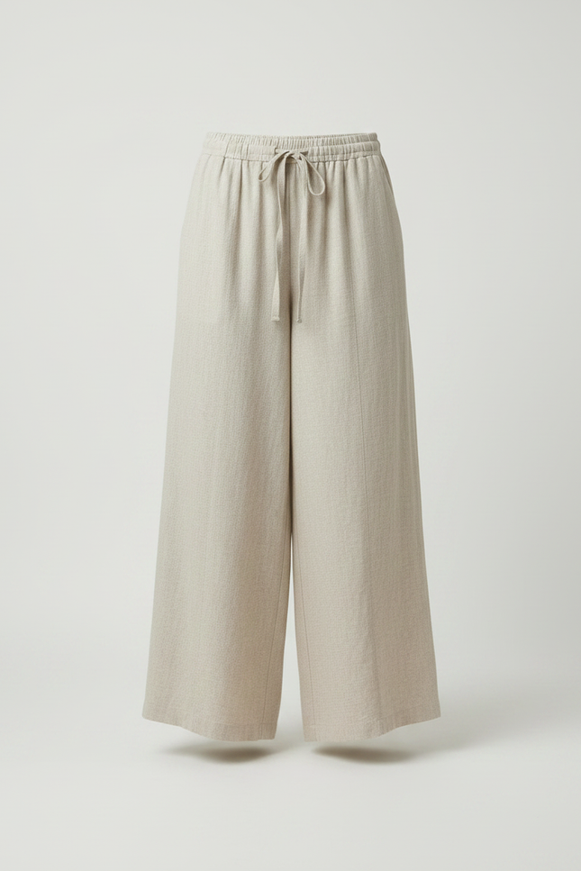 Pantalon Fluide Lin Ample Beige Taille Haute Décontracté - vue 3