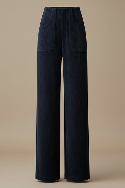 Pantalon Fluide Côtelé Large Taille Haute Femme - Marine Cordé - vue 3