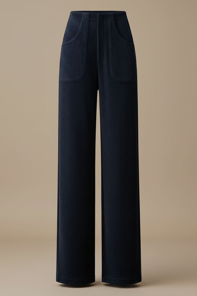 Pantalon Fluide Côtelé Large Taille Haute Femme - Marine Cordé - vue 3
