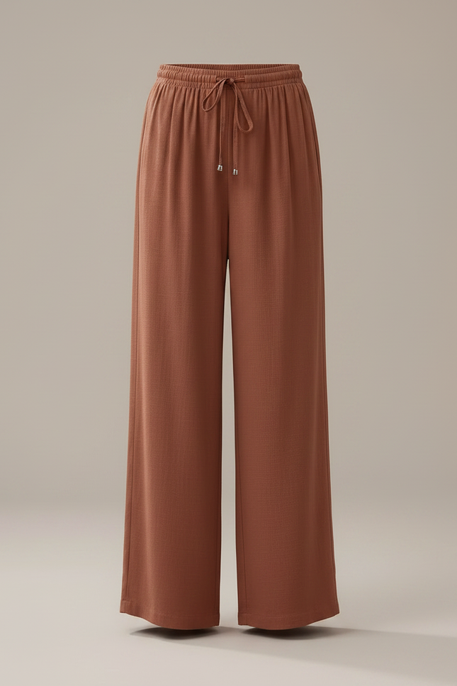 Pantalon Fluide Marron Ample Lin Décontracté Cordon - vue 3