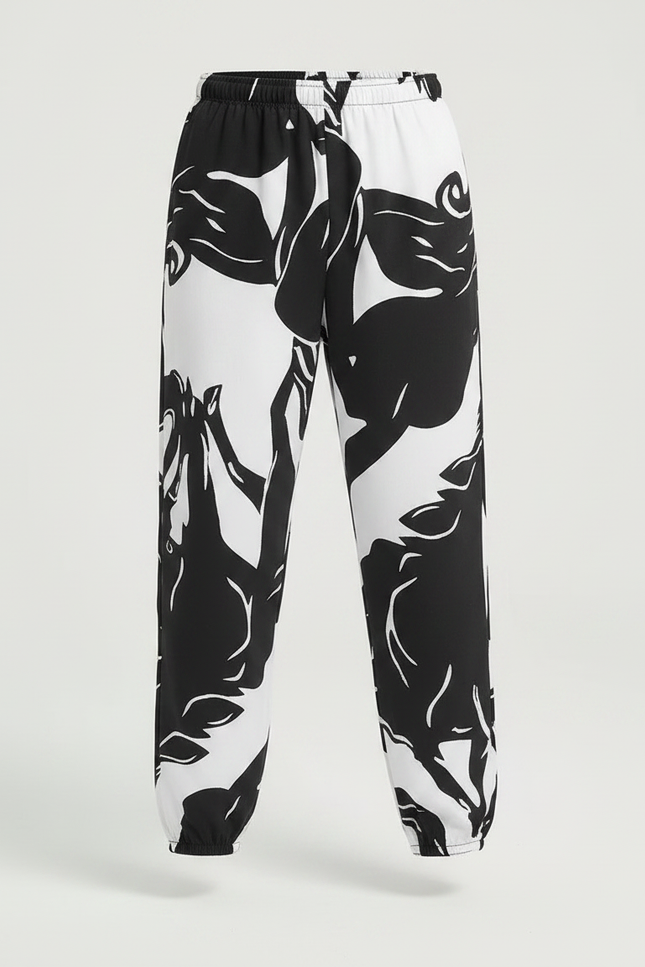 Pantalon Fluide Noir Blanc Imprimé Floral Ample Coton - Viscose - vue 3