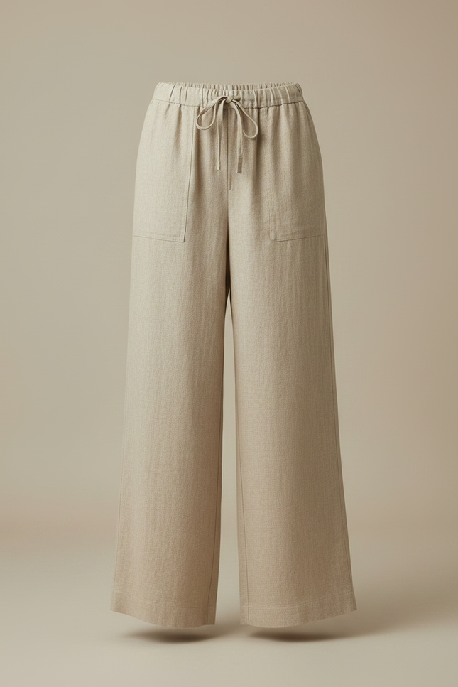 Pantalon Fluide Beige Lin Ample Cordon Confortable - vue 3