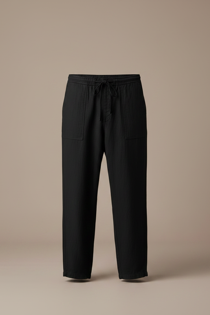Pantalon Fluide Noir Ample Lin Homme Décontracté Cordon - vue 3