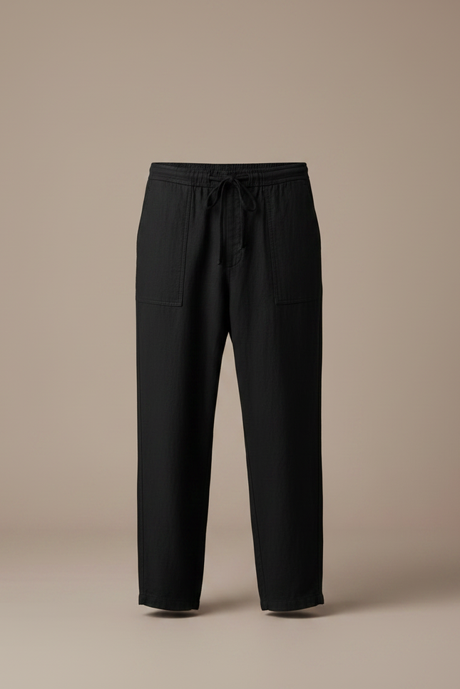 Pantalon Fluide Noir Ample Lin Homme Décontracté Cordon - vue 3