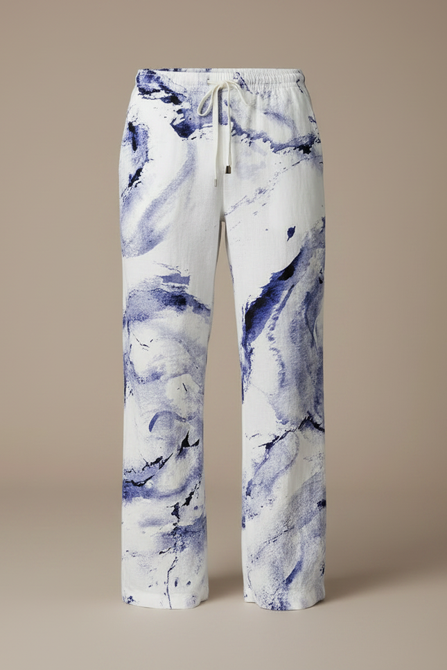Pantalon Fluide Blanc Bleu Imprimé Abstrait Décontracté Homme - Lin - vue 3