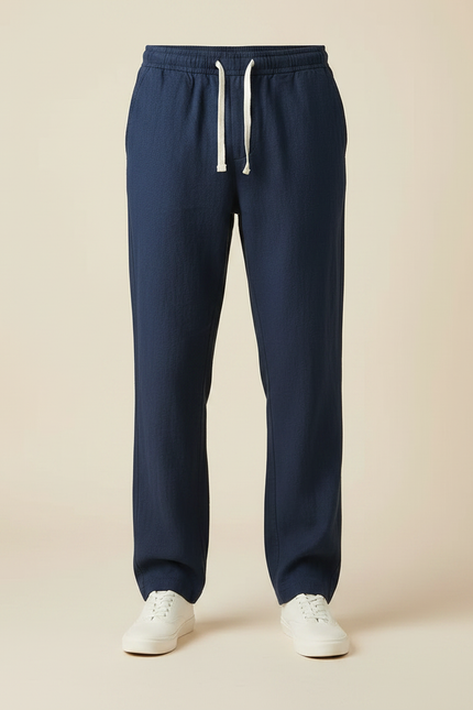 Pantalon Fluide Bleu Marine Lin Ample Cordon Décontracté Homme - vue 3