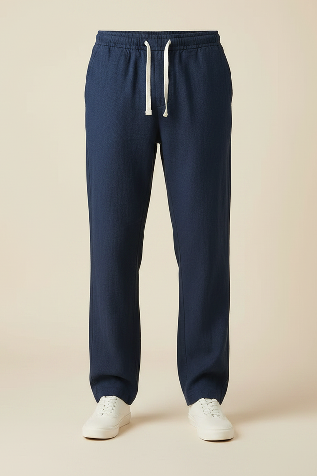 Pantalon Fluide Bleu Marine Lin Ample Cordon Décontracté Homme - vue 3