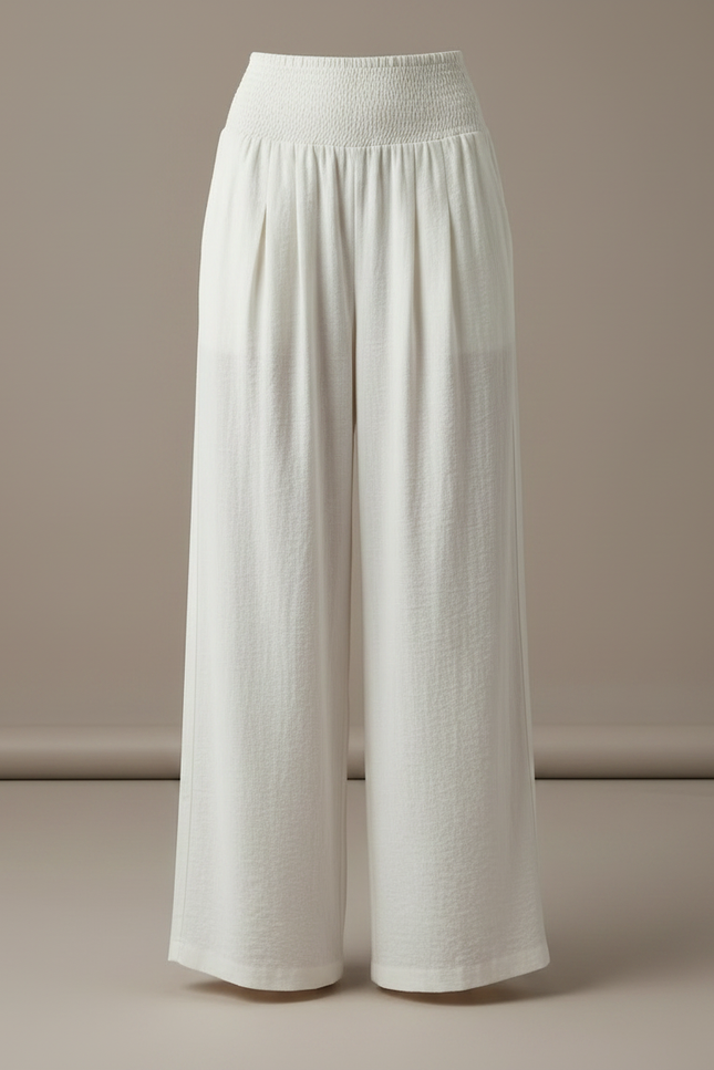 Pantalon Fluide Écru Ample Smocké Confortable Décontracté - Blanc Viscose - vue 3