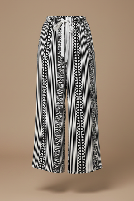 Pantalon Fluide Noir Blanc Ethnique Ample Cordon - Imprimé Viscose - vue 3