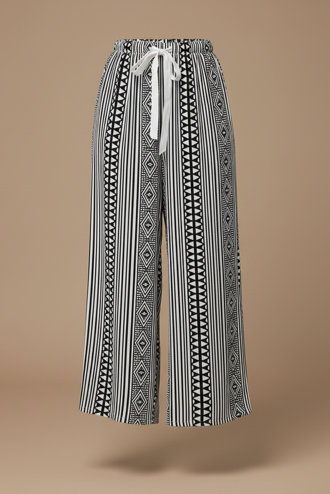 Pantalon Fluide Noir Blanc Ethnique Ample Cordon - Imprimé Viscose - vue 3