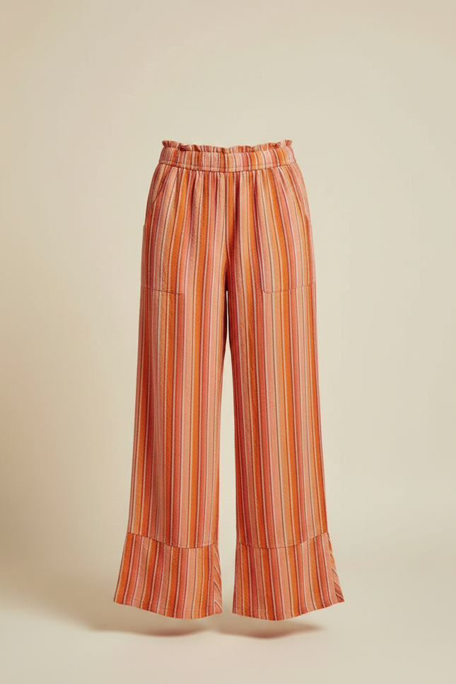 Pantalon Fluide Rayé Orange Ample Décontracté Taille Haute - Multicolore Lin - vue 3