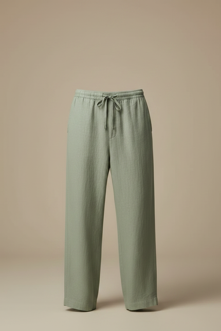 Pantalon Fluide Vert Lin Ample Homme Décontracté Cordon - vue 3