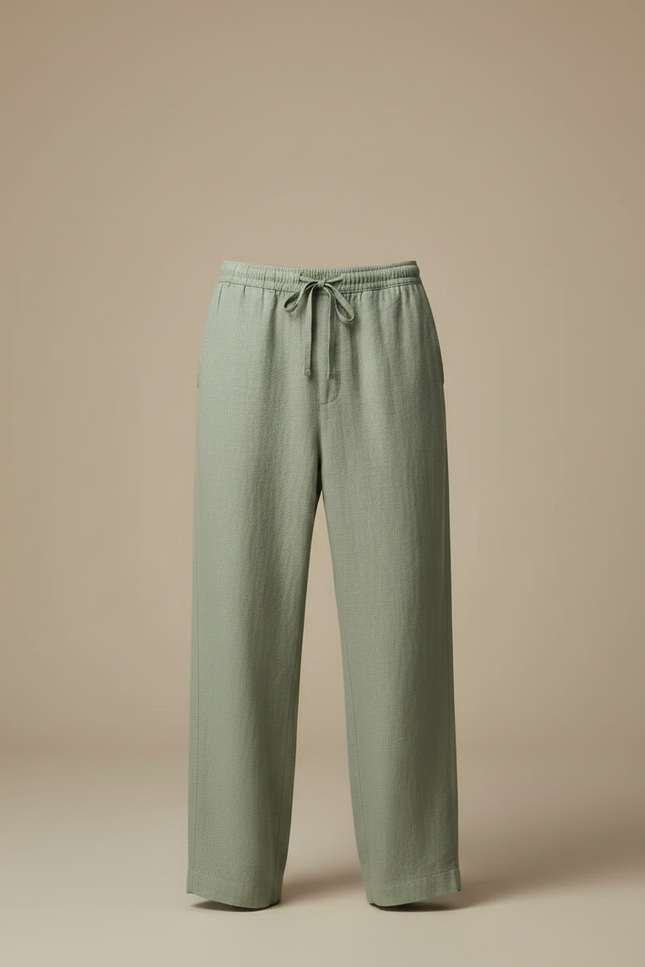 Pantalon Fluide Vert Lin Ample Homme Décontracté Cordon - vue 3