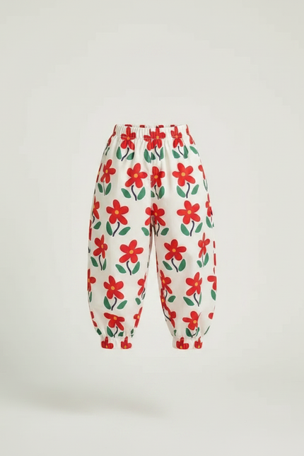 Pantalon Fluide Blanc Floral Rouge Ample Enfant - Imprimé Coton - vue 3