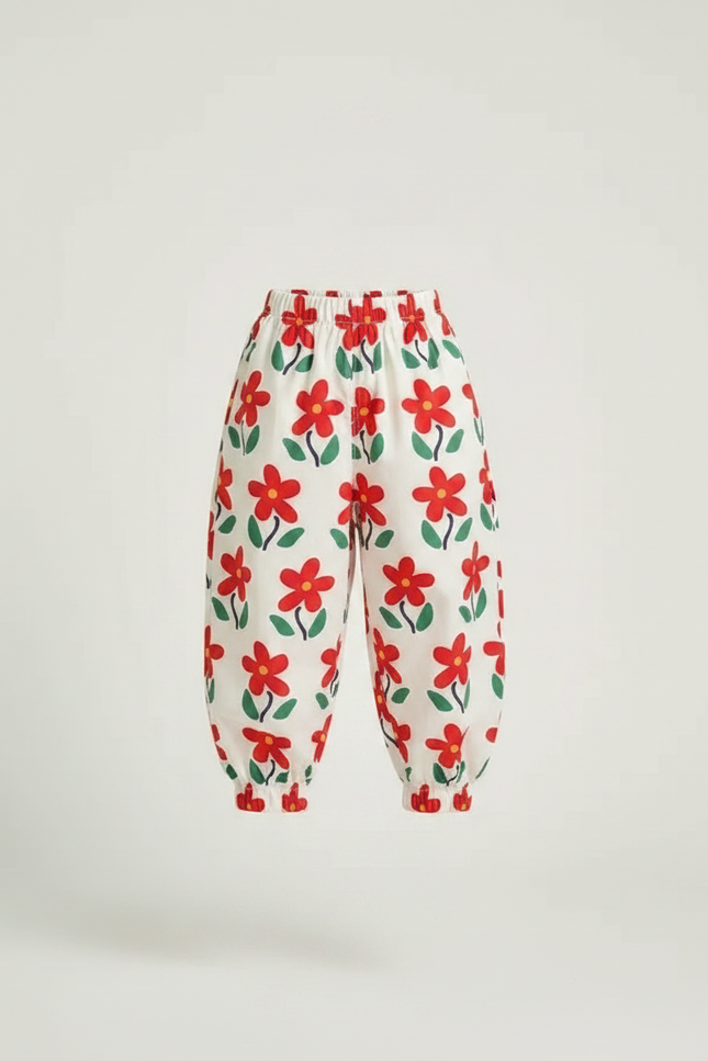 Pantalon Fluide Blanc Floral Rouge Ample Enfant - Imprimé Coton - vue 3