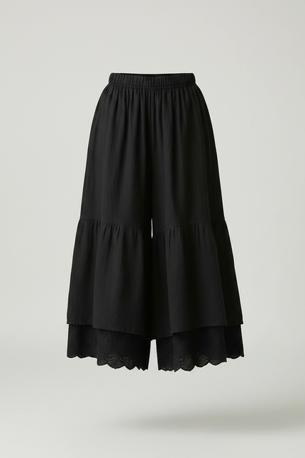 Pantalon Fluide Noir Ample Superposé Brodé Coton - vue 3