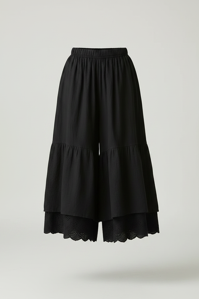 Pantalon Fluide Noir Ample Superposé Brodé Coton - vue 3