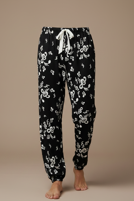 Pantalon Fluide Noir Imprimé Musical Ample Viscose Homme - vue 3
