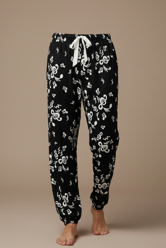 Pantalon Fluide Noir Imprimé Musical Ample Viscose Homme - vue 3