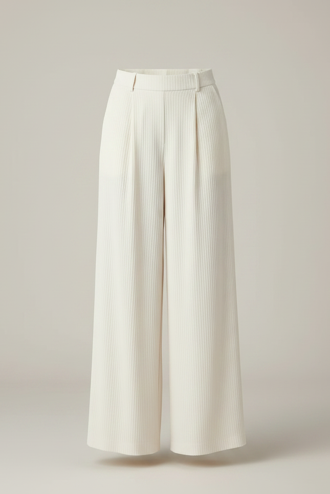 Pantalon Fluide Écru Ample Côtelé Plissé Élégant - Beige Cordé - vue 3