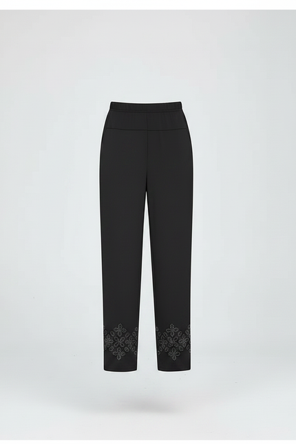 Pantalon Fluide Noir Brodé Cheville Décontracté Chic - Viscose - vue 3