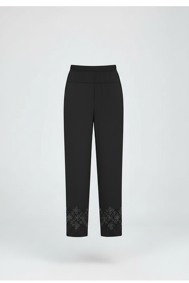 Pantalon Fluide Noir Brodé Cheville Décontracté Chic - Viscose - vue 3
