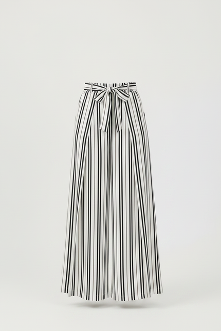Pantalon Fluide Rayé Noir Blanc Ample Ceinturé Élégant - Multicolore Viscose - vue 3