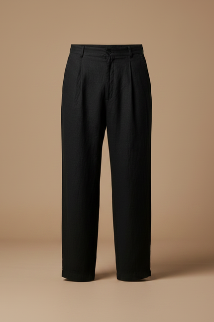 Pantalon Fluide Noir Ample Plissé Lin Homme Décontracté - vue 3