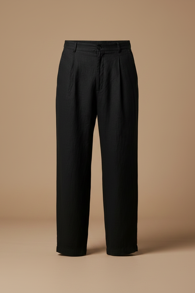 Pantalon Fluide Noir Ample Plissé Lin Homme Décontracté - vue 3