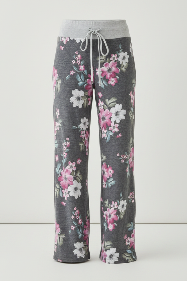 Pantalon Fluide Gris Floral Ample Décontracté Femme - Molleton - vue 3