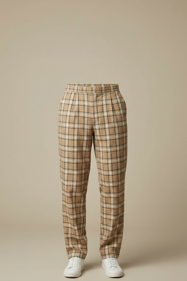 Pantalon Fluide Carreaux Beige Ample Décontracté Homme - Viscose - vue 3