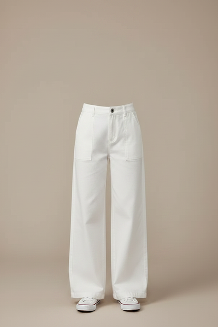 Pantalon Fluide Blanc Ample Taille Haute Casual Fille - Toile - vue 3