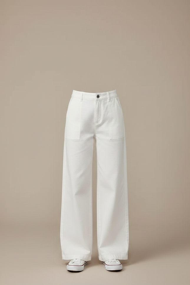 Pantalon Fluide Blanc Ample Taille Haute Casual Fille - Toile - vue 3
