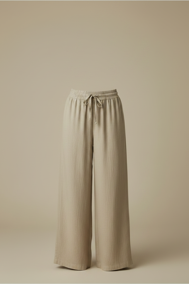 Pantalon Fluide Beige Large Lin Cordon Ample - vue 3
