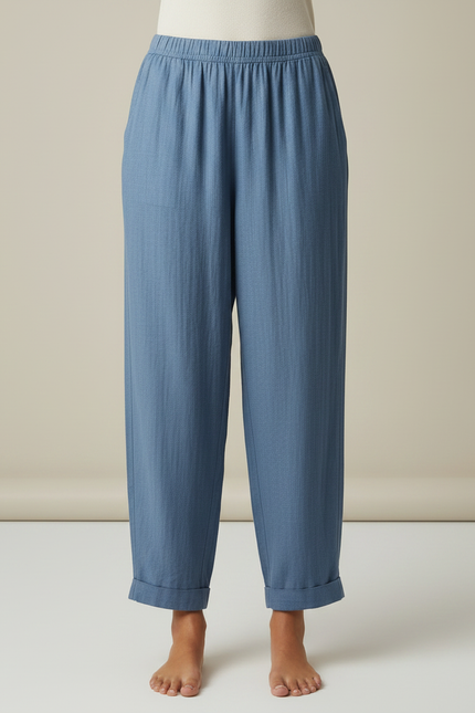Pantalon Fluide Bleu Ample Lin Décontracté Confortable - vue 3