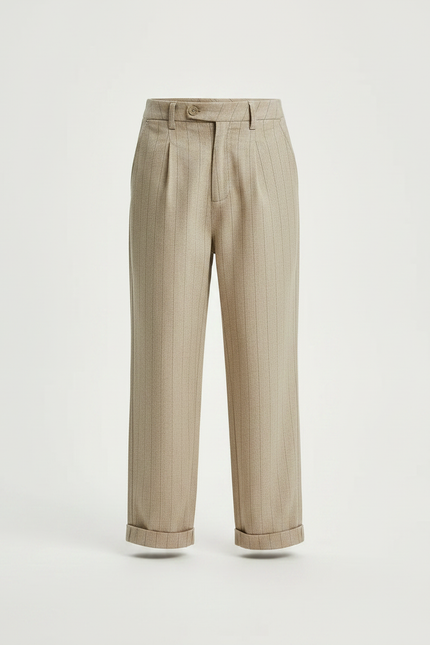 Pantalon Fluide Beige Rayé Plissé Garçon Élégant - Laine - vue 3