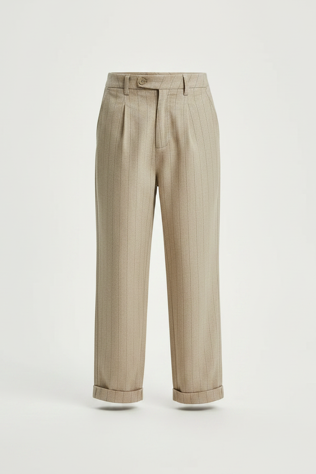 Pantalon Fluide Beige Rayé Plissé Garçon Élégant - Laine - vue 3
