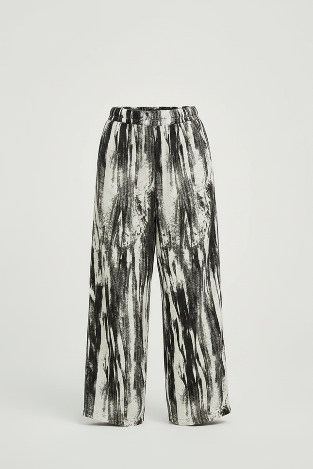 Pantalon Fluide Ample Imprimé Abstrait Noir Blanc Décontracté - Viscose - vue 3