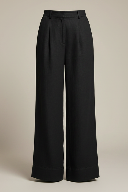 Pantalon Fluide Noir Ample Taille Haute Plissé - Lin - vue 3