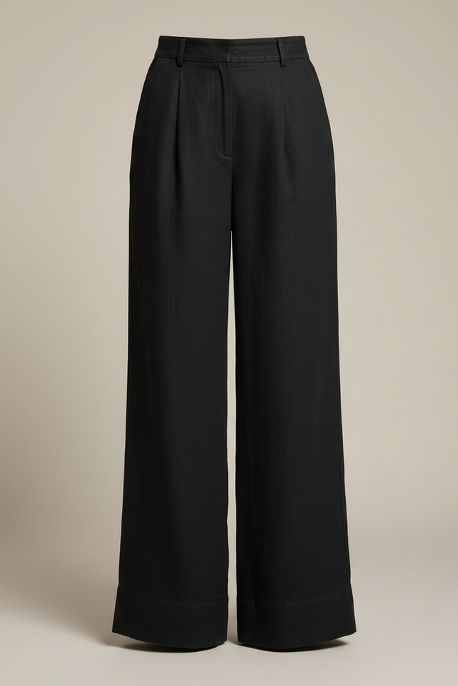 Pantalon Fluide Noir Ample Taille Haute Plissé - Lin - vue 3