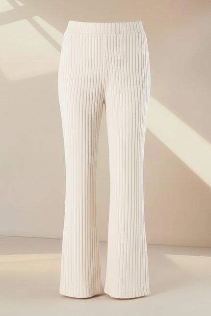 Pantalon Fluide Écru Côtelé Évasé Confortable Élégant - Beige Maille - vue 3